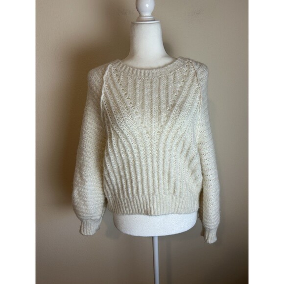 Free People Carter Pullover Cable Knit Sweater XS White Cottagecore Boho Balloon - Picture 4 of 9